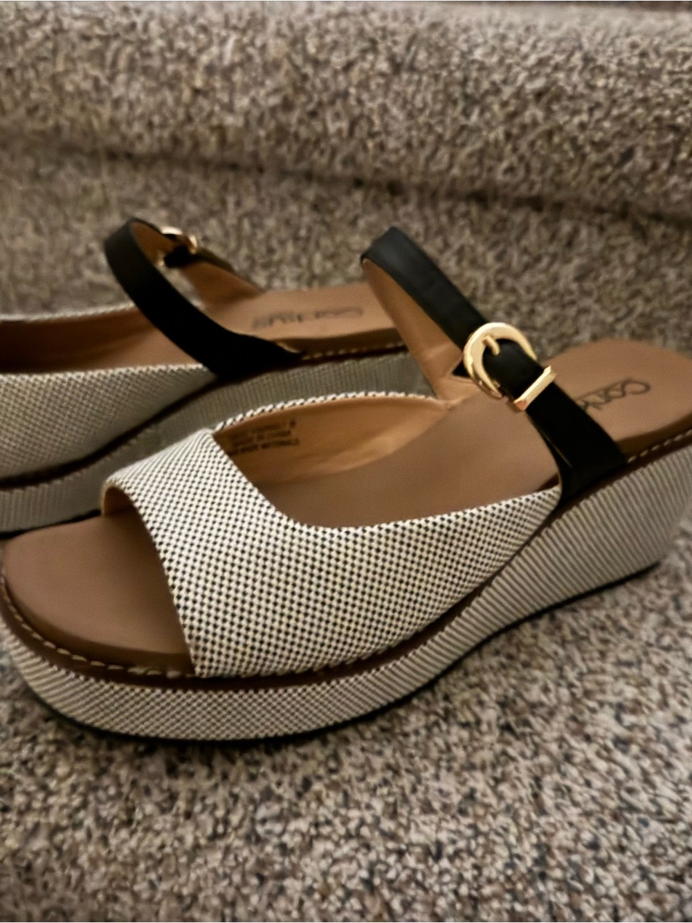Corkys Black and White Wedge Slide Sandals with Gold Buckle